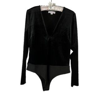Stella Luce Black Velvet Deep V Long Sleeve Bodysuit Snap Bottom Size Large